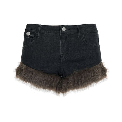 Low Waist Washed Faux Fur Trim Denim Shorts
