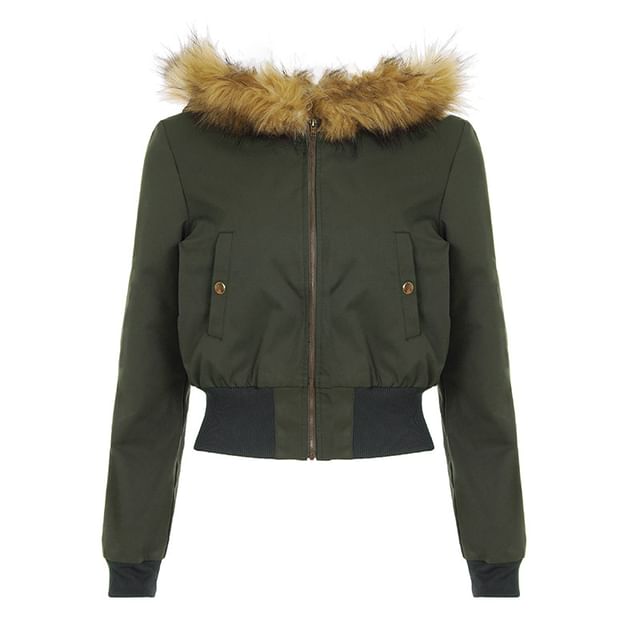 Furry Trim Hooded Zip-Up Crop Jacket