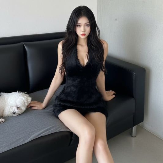 Sleeveless V-Neck Faux Fur Mini Bodycon Dress