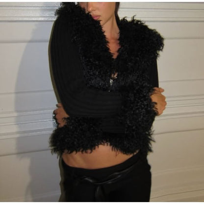 Long Sleeve V-Neck Plain Faux Fur Zip-Up Cardigan