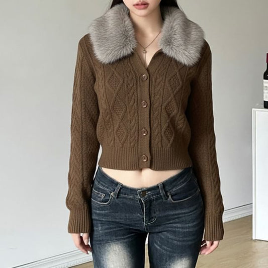 Long Sleeve V-Neck Faux Fur Panel Cable Knit Crop Cardigan