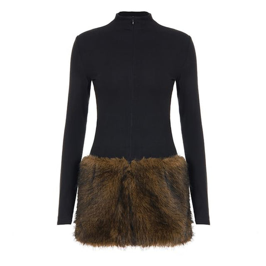 Long Sleeve Mock Neck Faux Fur Panel Slim-Fit Mini Bodycon Dress