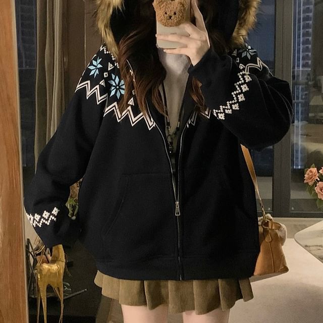Furry Trim Hooded Pattern Zip-Up Jacket