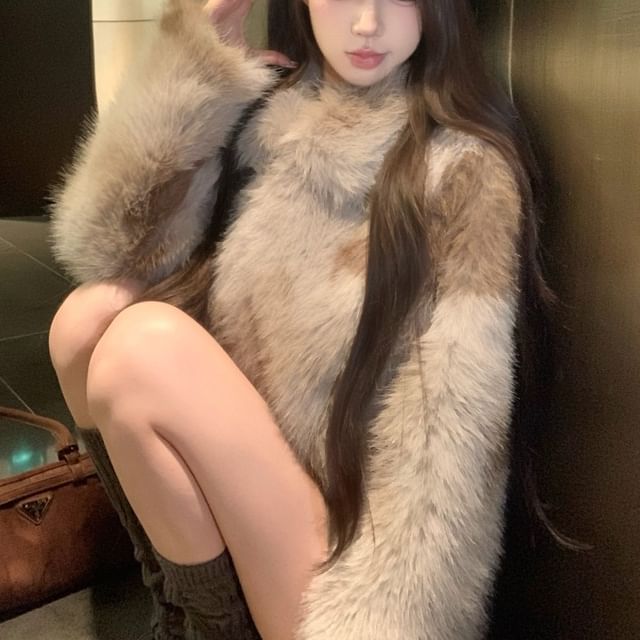 Collared Plain Fluffy Jacket / High Waist Belted Mini Pencil Skirt