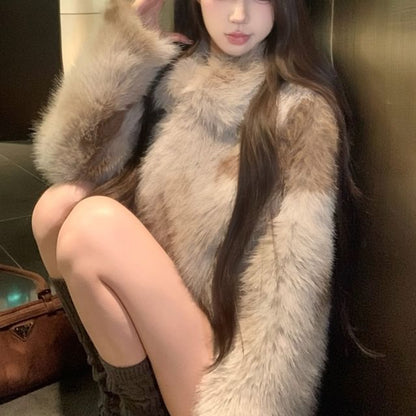 Collared Plain Fluffy Jacket / High Waist Belted Mini Pencil Skirt