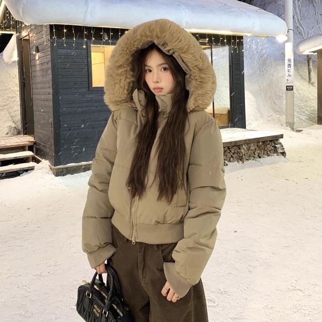 Furry Trim Padded Zip-Up Jacket