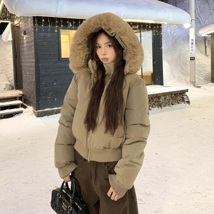 Furry Trim Padded Zip-Up Jacket