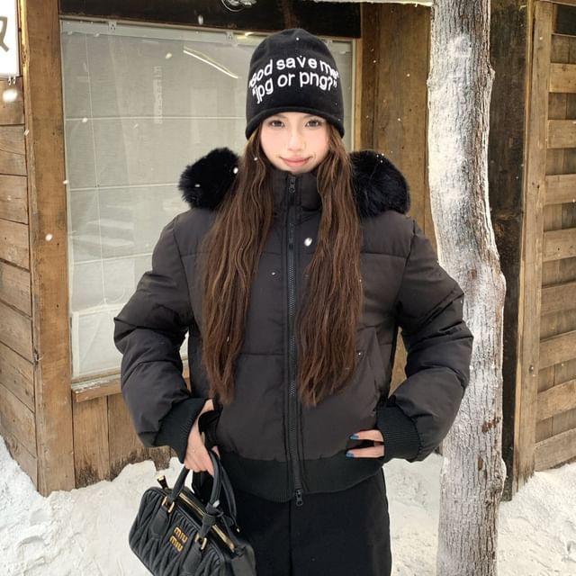 Furry Trim Padded Zip-Up Jacket