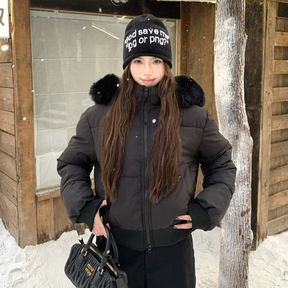 Furry Trim Padded Zip-Up Jacket