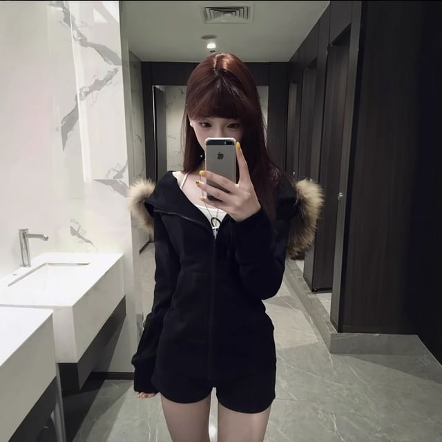 Long Sleeve Plain Faux Fur Trim Zip-Up Jacket