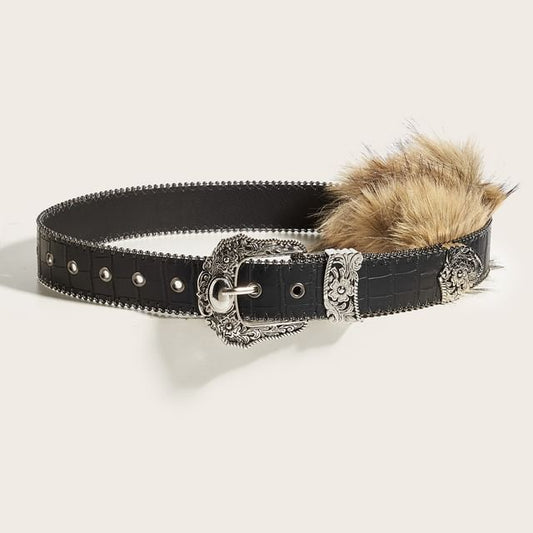 Faux Fur Floral Buckled Faux Leather Belt