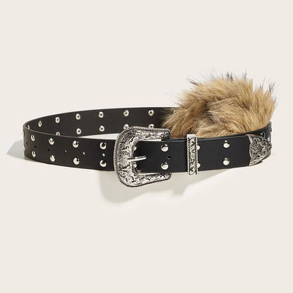 Faux Fur Studded Faux Leather Belt