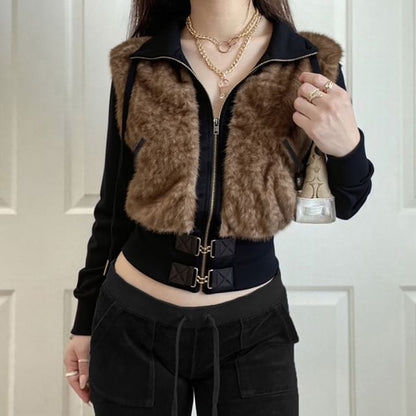 Stand Collar Panel Faux Fur Zip Buckle Jacket