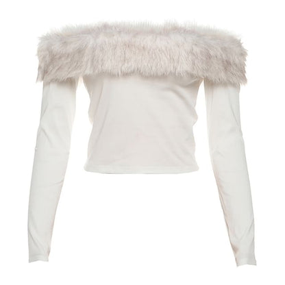 Long Sleeve Off Shoulder Panel Faux Fur Top