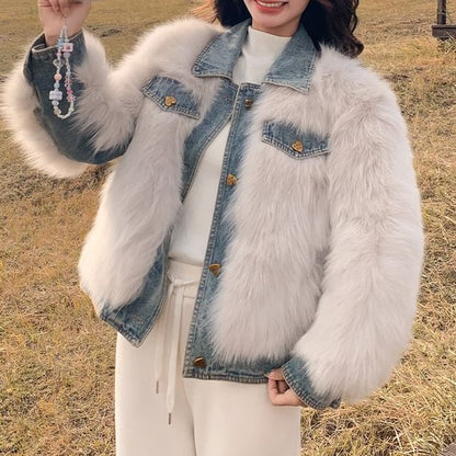 Collared Denim Panel Fluffy Button-Up Jacket