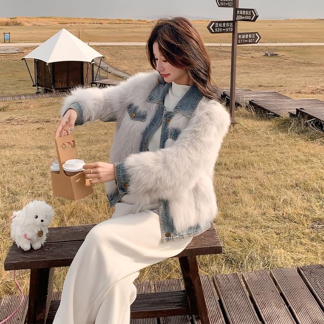 Collared Denim Panel Fluffy Button-Up Jacket