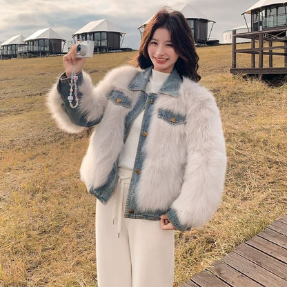 Collared Denim Panel Fluffy Button-Up Jacket