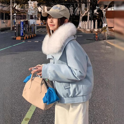 Fluffy Hooded Faux Leather Puffer Jacket