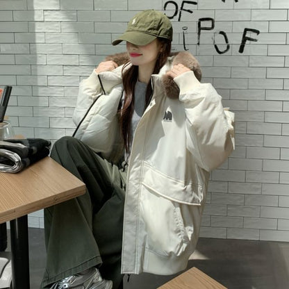 Fluffy Hooded Plain Puffer Jacket