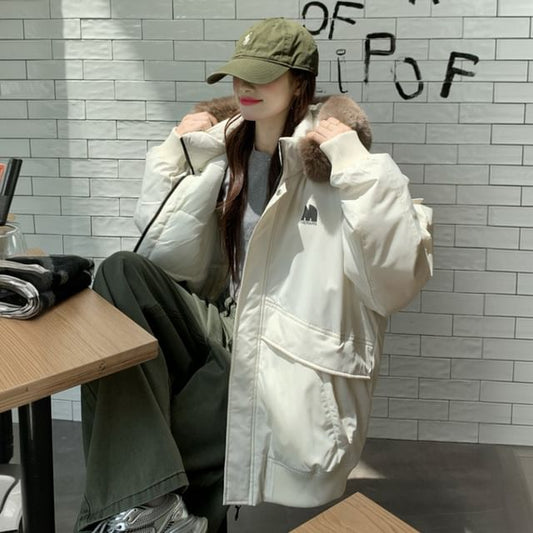 Fluffy Hooded Plain Puffer Jacket