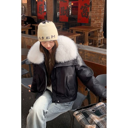 Fluffy Hooded Faux Leather Puffer Jacket