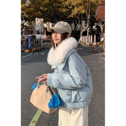 Fluffy Hooded Faux Leather Puffer Jacket