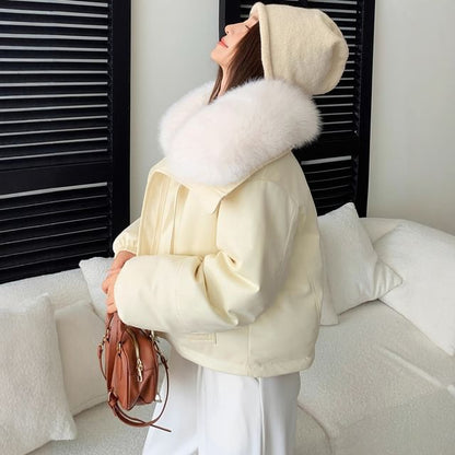 Faux Fur Collar Faux Leather Zip Puffer Jacket