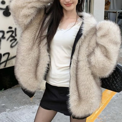 Plain Hooded Two-Way Faux Fur Jacket