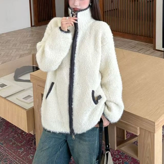 Stand Collar Plain Contrast Trim Fluffy Zip Jacket