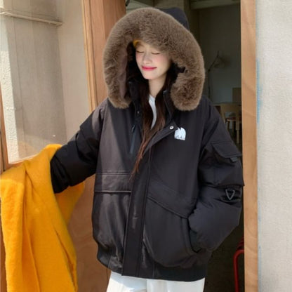 Fluffy Hooded Plain Puffer Jacket