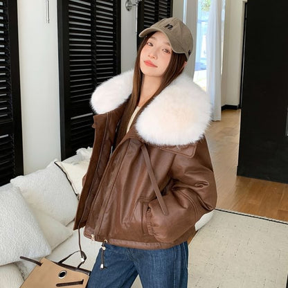 Faux Fur Collar Faux Leather Zip Puffer Jacket