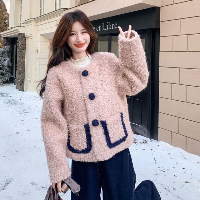 V-Neck Flower Button Teddy Jacket