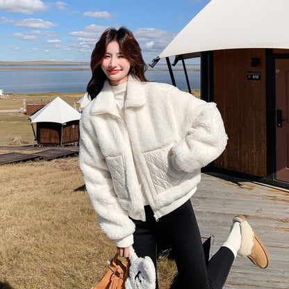 Stand Collar Plain Quilted Panel Zip Teddy Jacket