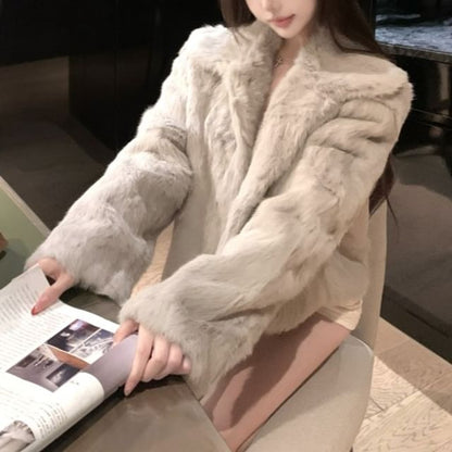 Collared Plain Faux Fur Jacket / Drawstring Waist Plain Knit Straight Leg Pants