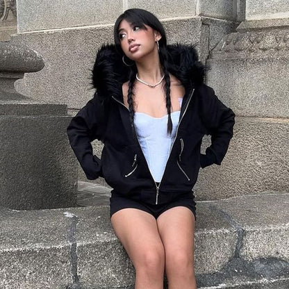 Faux Fur Trim Zip-Up Hoodie
