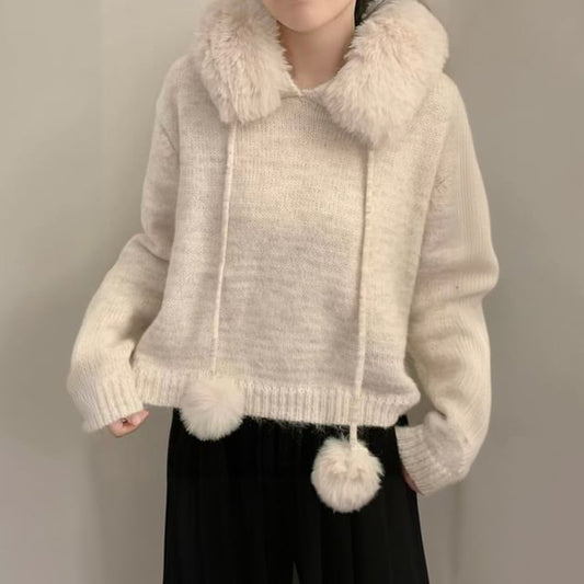 Faux Fur Pom Pom Knit Hoodie