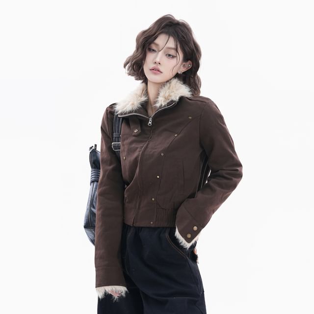 Stand Collar Studded Panel Faux Fur Zip Jacket