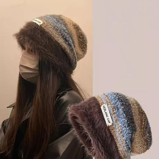 Lettering Applique Striped Faux Fur Slouchy Beanie