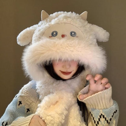 Sheep Faux Shearling Faux Fur Hooded Scarf