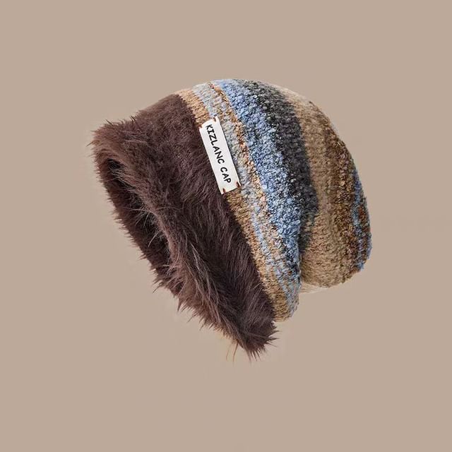 Lettering Applique Striped Faux Fur Slouchy Beanie