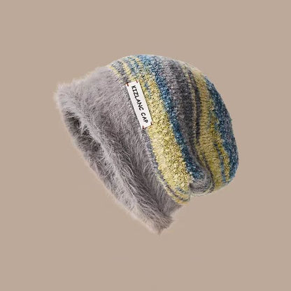 Lettering Applique Striped Faux Fur Slouchy Beanie