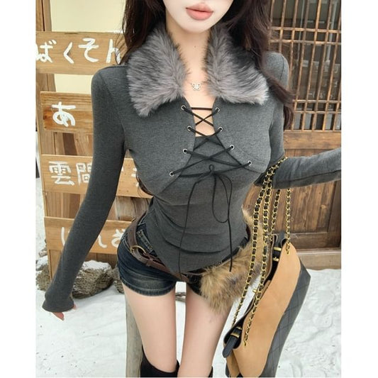 Long Sleeve Faux Fur Collar Mock Two Piece Lace Up Top