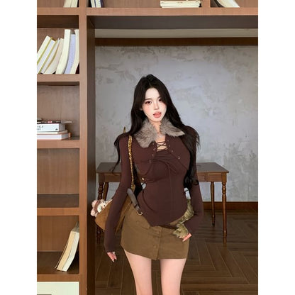 Long Sleeve Faux Fur Collar Mock Two Piece Lace Up Top