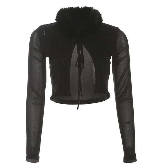 Long Sleeve Faux Fur Trim Crop Light Cardigan / Low Waist Mini Pencil Skirt