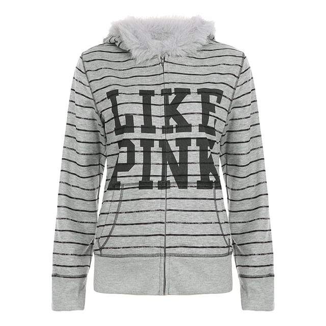 Long Sleeve Faux Fur Trim Lettering Print Striped Zip-Up Hooded Jacket