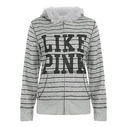 Long Sleeve Faux Fur Trim Lettering Print Striped Zip-Up Hooded Jacket