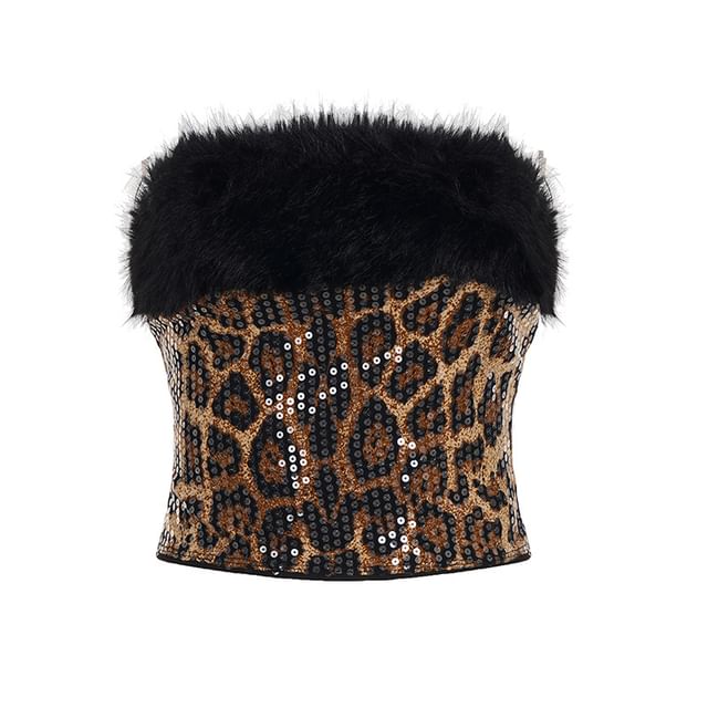 Faux Fur Trim Leopard Print Glitter Tube Top
