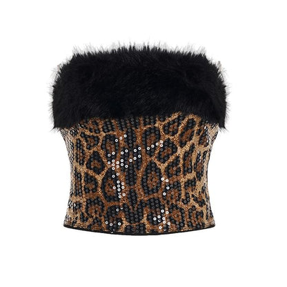 Faux Fur Trim Leopard Print Glitter Tube Top