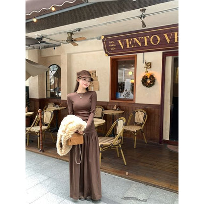 Faux Fur Vest / Long-Sleeve Top / High Rise Maxi A-Line Skirt