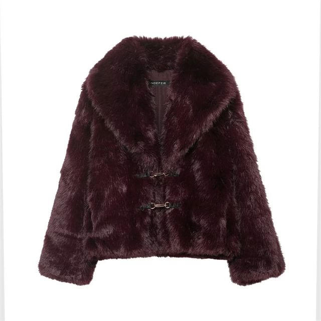 Collared Plain Faux Fur Buckle Jacket
